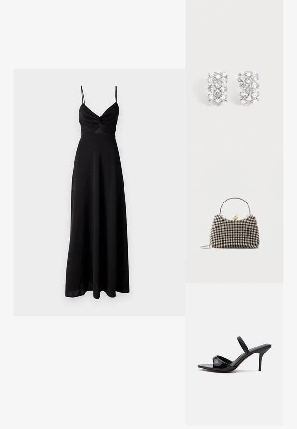 Zwarte maxi-jurk met een aansluitende bodice, draaite detail bij de borst, dunne spaghettibandjes en een vloeiende rok. Gemaakt van zachte, lichtgewicht stof.; Zwarte sandaal van lakleer met een smalle naaldhak, vierkante neus en een dunne band over de wreef, getoond op een witte achtergrond.; Kleine handtas met zilverkleurig rasterpatroon, gebogen handvat, grote parel sluiting en een dunne zilveren kettingriem op een effen achtergrond.; Paar zilverkleurige oorbellen met meerdere geslepen heldere kristallen in een geometrisch patroon gerangschikt.