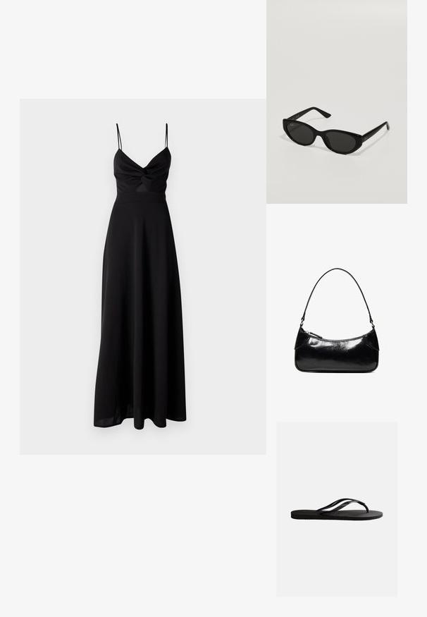 Schwarzes Maxikleid mit tailliertem Oberteil, Dreh-Detail an der Brust, dünnen Spaghetti-Trägern und einem fließenden Rock. Hergestellt aus weichem, leichtem Stoff.; Schwarze Gummizehensandale mit strukturiertem Fußbett und dünnen, Y-förmigen Riemen vor einfachem weißem Hintergrund.; Schwarze Sonnenbrille in schmaler Katzenaugenform. Aus glattem Kunststoff gefertigt, mit dunklen Gläsern und dezenten Logo-Akzenten an den Bügeln.; Schwarze, glänzende Lederschultertasche mit einem einzelnen Reißverschlussfach und einem dünnen, bogenförmig gebogenen Träger.