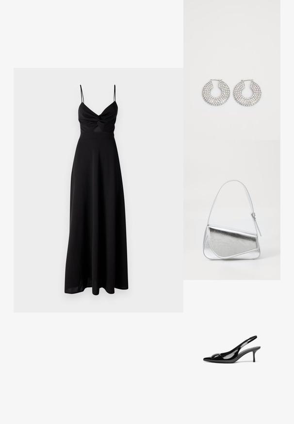 Schwarzes Maxikleid mit tailliertem Oberteil, Dreh-Detail an der Brust, dünnen Spaghetti-Trägern und einem fließenden Rock. Hergestellt aus weichem, leichtem Stoff.; Schwarze patentierte Slingback-Absätze mit spitzem Zehenbereich und glänzender Oberfläche. Besitzt einen schlanken Absatz und eine abgerundete Akzentuierung am Schuhoberteil.; Silberfarbene metallische Handtasche mit dreieckiger Form, glatter Textur und einem dünnen, verstellbaren Schultergurt. Sie verfügt über ein umklappbares Design mit Nähten.; Silberne Creolen, verziert mit mehreren klaren Kristallverzierungselementen, mit einer strukturierten Oberfläche und einem offenen, kreisförmigen Design.