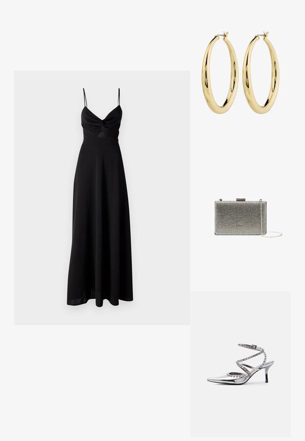 Schwarzes Maxikleid mit tailliertem Oberteil, Dreh-Detail an der Brust, dünnen Spaghetti-Trägern und einem fließenden Rock. Hergestellt aus weichem, leichtem Stoff.; Silberner High-Heel mit spitz zulaufender Spitze, Knöchelriemen und dekorativen silbernen Kugel-Nieten an den Riemen und Kanten vor weißem Hintergrund.; Clutch-Tasche mit rechteckiger Form, silberner Textur-Oberfläche, metallischem Rahmen und abnehmbarem Kettenriemen. Akzentuiert mit kleinen schimmernden Details.; Goldene Creolen mit einer glatten, polierten Oberfläche. Kreisform, mit einem sicheren Verschluss an der Oberseite. Die Oberfläche reflektiert das Licht.