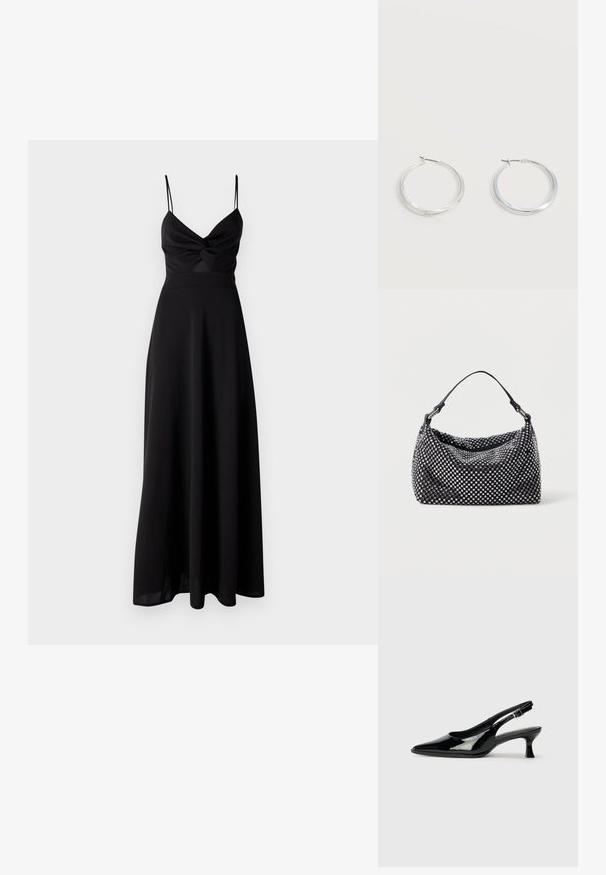 Schwarzes Maxikleid mit tailliertem Oberteil, Dreh-Detail an der Brust, dünnen Spaghetti-Trägern und einem fließenden Rock. Hergestellt aus weichem, leichtem Stoff.; Schwarze Lackleder Slingback-Schuhe mit spitzem Zehenbereich und niedrigem Blockabsatz. Verstellbarer Riemen mit Schnalle am Knöchel.; Schwarze und silberne Handtasche mit einer gewobenen, strukturierten Oberfläche, die quadratische Muster aufweist, einem einzelnen oberen Griff und einem lässigen Design.; Silberne Metallcreolen mit glatter, leicht gebogener Oberfläche und Klappverschluss vor schlicht weißem Hintergrund.