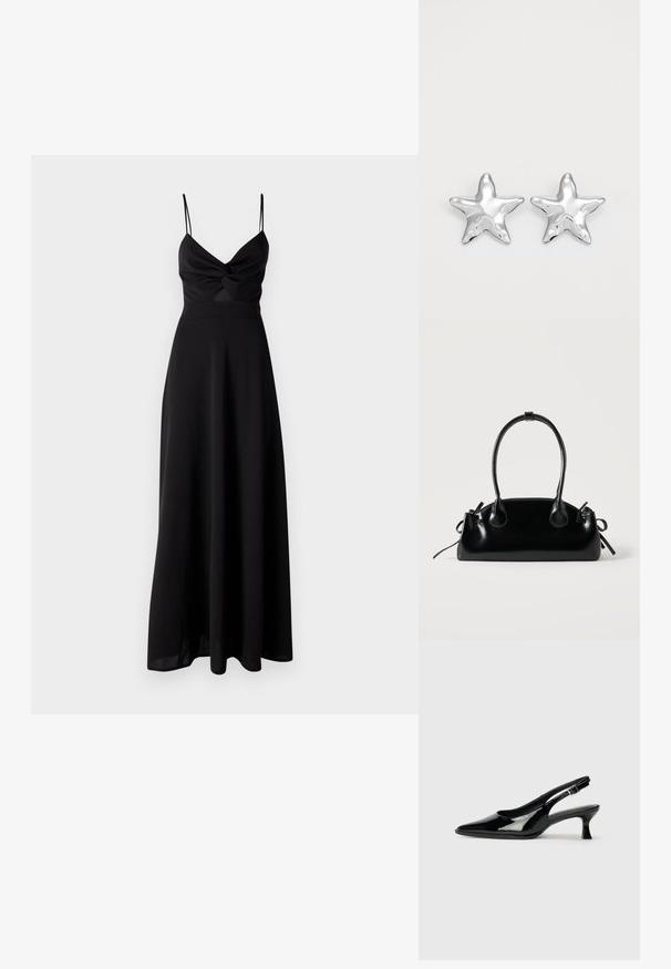 Schwarzes Maxikleid mit tailliertem Oberteil, Dreh-Detail an der Brust, dünnen Spaghetti-Trägern und einem fließenden Rock. Hergestellt aus weichem, leichtem Stoff.; Schwarze Lackleder Slingback-Schuhe mit spitzem Zehenbereich und niedrigem Blockabsatz. Verstellbarer Riemen mit Schnalle am Knöchel.; Kleine schwarze glänzende Handtasche mit zwei langen Griffen und seitlichen Kordelzug-Details vor einfachem hellem Hintergrund.; Silberne sternförmige Ohrringe mit einer polierten, glänzenden Oberfläche. Jeder Ohrring hat fünf Spitzen und dezente Oberflächentexturdetails.