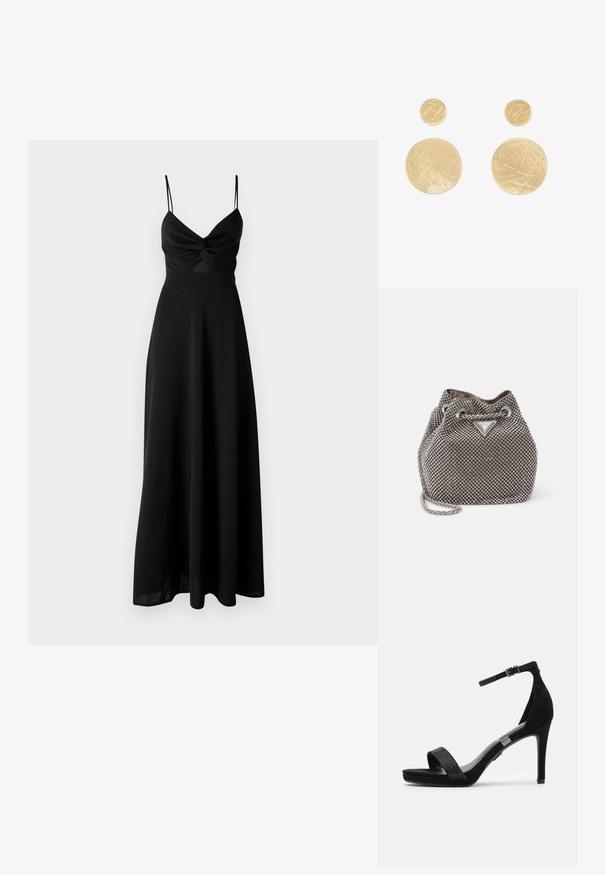 Schwarzes Maxikleid mit tailliertem Oberteil, Dreh-Detail an der Brust, dünnen Spaghetti-Trägern und einem fließenden Rock. Hergestellt aus weichem, leichtem Stoff.; Schwarze Sandaletten mit Absatz und Wildlederfinish, ausgestattet mit einem strukturierten Riemen über den Zehen und einem schlanken Knöchelriemen mit Schnalle.; Metallisch graue Bucket Bag mit Strassverzierungen, einem Kordelzugverschluss und einem silbernen Kettenriemen. Auf der Vorderseite befindet sich eine Logo-Plakette.; Ohrringe aus goldfarbenem Metall mit zwei Paaren von kreisförmigen Formen, eine größere und eine kleinere, mit einer strukturierten, matten Oberfläche.