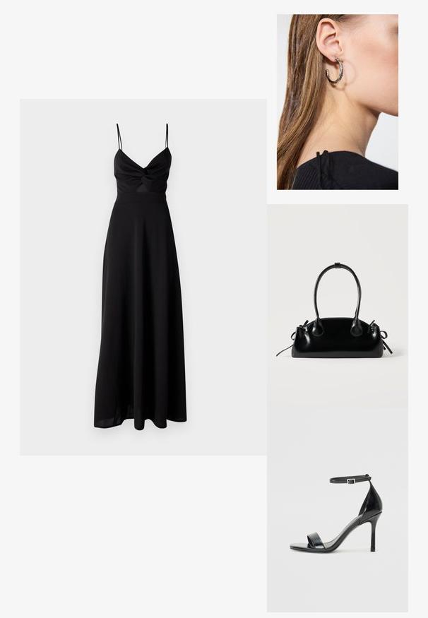 Zwarte maxi-jurk met een aansluitende bodice, draaite detail bij de borst, dunne spaghettibandjes en een vloeiende rok. Gemaakt van zachte, lichtgewicht stof.; Zwarte lakleren sandaal met hoge hakken, een open teen, een enkele band aan de voorkant en een verstelbare enkelband.; Kleine zwarte glanzende handtas met twee lange hengsels en zijkant trekkoord details op een effen lichte achtergrond.; Zilveren oorbel met een gepolijste afwerking, met kleine gouden accentdetails en een ronde vorm, gedragen op de oorlel.