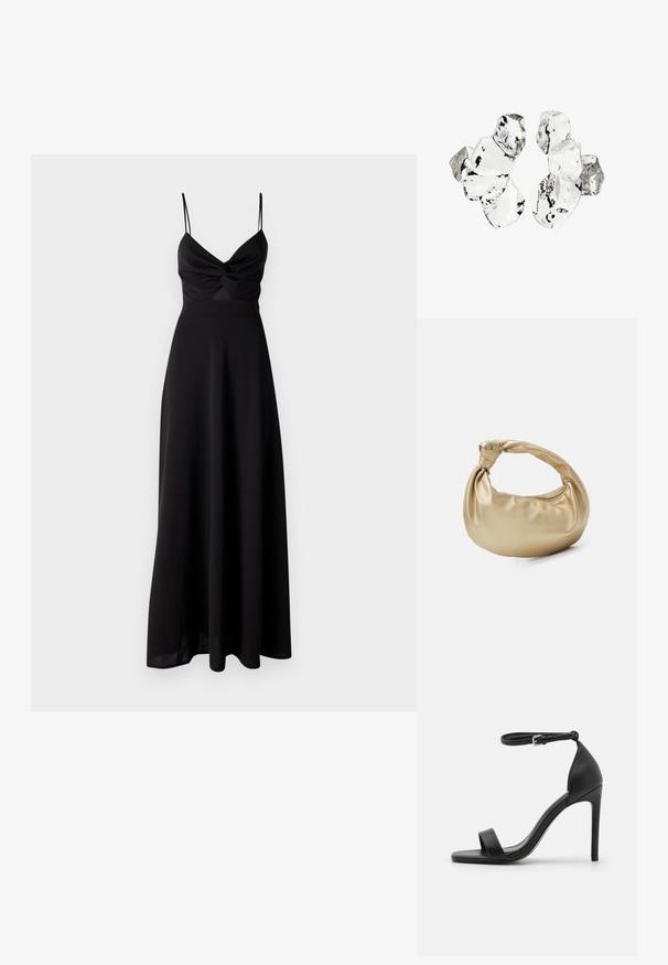 Schwarzes Maxikleid mit tailliertem Oberteil, Dreh-Detail an der Brust, dünnen Spaghetti-Trägern und einem fließenden Rock. Hergestellt aus weichem, leichtem Stoff.; Schwarze hochhackige Sandale mit elegantem Design, featuring einem Knöchelriemen, offener Zehenpartie und glattem Lederfinish.; Goldfarbene Metall-Handtasche mit glatter, glänzender Textur. Verfügt über einen geknoteten Griff und eine abgerundete, weiche Form. Reißverschlussverschluss an der Oberseite.; Cluster von sechs unregelmäßig geformten, transluzenten und reflektierenden glasähnlichen Stücken, angeordnet auf weißem Hintergrund.