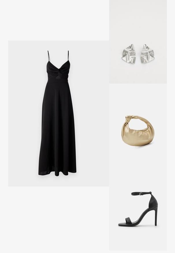 Sort maxi kjole med en tætsiddende overdel, tvistet detalje ved brystet, tynde spaghetti stropper og en svajende nederdel. Lavet af blødt, let stof.; Sort højhælet sandal med et sleek design, der har en ankelrem, åben tå og glat lædertekstur.; Guldmetal taske med en glat, shiny overflade. Har et knyttet håndtag og en rund, blød form. Lynlåslukning langs toppen.; Sølvmetal øreringe med et bølgende, skulpturelt design, der har en poleret overflade og uregelmæssige former, hvilket fremhæver en moderne æstetik.