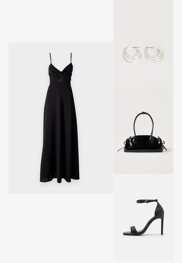 Schwarzes Maxikleid mit tailliertem Oberteil, Dreh-Detail an der Brust, dünnen Spaghetti-Trägern und einem fließenden Rock. Hergestellt aus weichem, leichtem Stoff.; Schwarze hochhackige Sandale mit elegantem Design, featuring einem Knöchelriemen, offener Zehenpartie und glattem Lederfinish.; Kleine schwarze glänzende Handtasche mit zwei langen Griffen und seitlichen Kordelzug-Details vor einfachem hellem Hintergrund.; Silberne Creolen mit drei geschichteten halbkreisförmigen Bändern, eines davon verziert mit kleinen klaren Kristallen auf hellem Hintergrund.