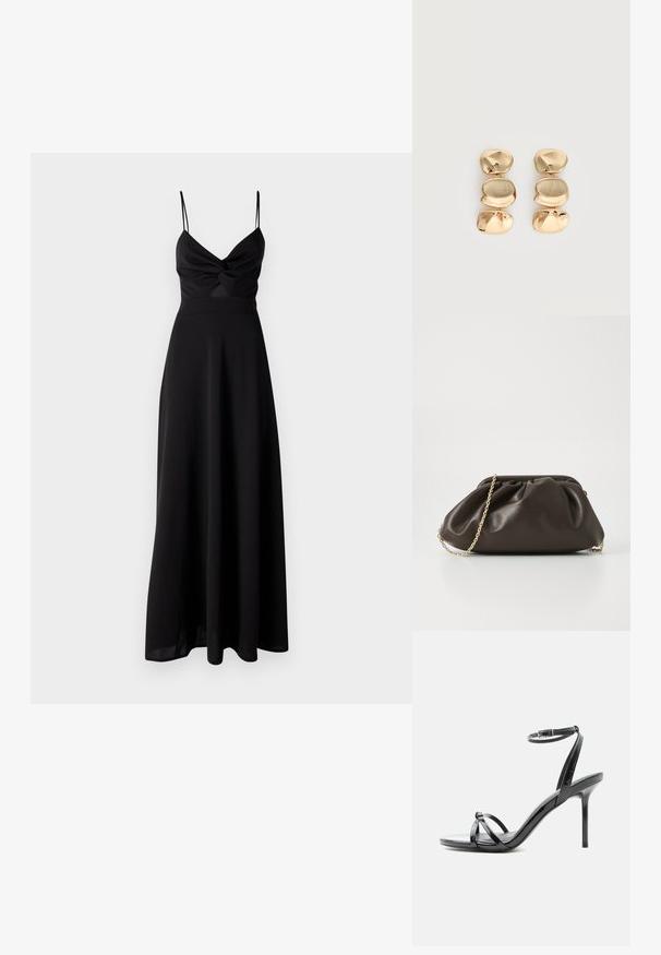 Schwarzes Maxikleid mit tailliertem Oberteil, Dreh-Detail an der Brust, dünnen Spaghetti-Trägern und einem fließenden Rock. Hergestellt aus weichem, leichtem Stoff.; Schwarze Sandale aus Lackleder mit hohen Absätzen, dünnen Riemen über den Zehen und einem Knöchelriemen mit Schnalle auf weißem Hintergrund.; Braune Lederhandtasche mit gerafftem Design, goldenen Kettenriemen und weicher, strukturierter Oberfläche. Kompakte Form, die sich für den abendlichen Gebrauch eignet.; Ohrhänger in Goldoptik mit drei unregelmäßigen, glatten, abgerundeten Segmenten, die vertikal auf einem schlichten, hellen Hintergrund gestapelt sind.