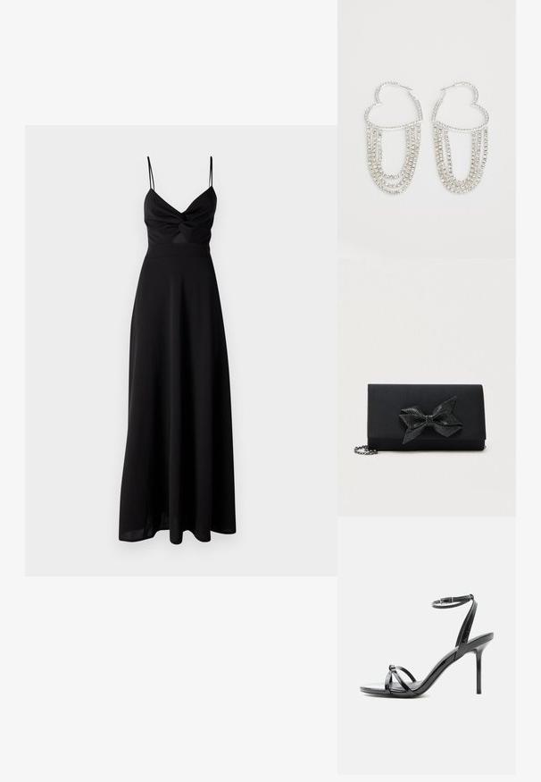 Schwarzes Maxikleid mit tailliertem Oberteil, Dreh-Detail an der Brust, dünnen Spaghetti-Trägern und einem fließenden Rock. Hergestellt aus weichem, leichtem Stoff.; Schwarze Sandale aus Lackleder mit hohen Absätzen, dünnen Riemen über den Zehen und einem Knöchelriemen mit Schnalle auf weißem Hintergrund.; Schwarze Clutch mit Satin-Finish, verziert mit einer strukturierten metallischen Schleife. Mit einer Kettenriemen für vielseitige Tragemöglichkeiten.; Silberne Creolen in Herzform, verziert mit herabhängenden Strängen aus klaren Strasssteinen für zusätzlichen Glanz und Textur.