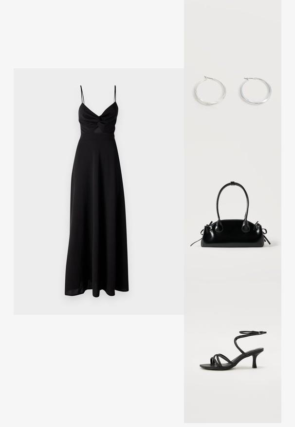 Zwarte maxi-jurk met een aansluitende bodice, draaite detail bij de borst, dunne spaghettibandjes en een vloeiende rok. Gemaakt van zachte, lichtgewicht stof.; Even&Odd Wide Fit by Zalando Sandalen - black; Kleine zwarte glanzende handtas met twee lange hengsels en zijkant trekkoord details op een effen lichte achtergrond.; Zilverkleurige metalen creolen oorbellen met een glad, licht gebogen oppervlak en sluitingen met haaksluiting op een effen witte achtergrond.