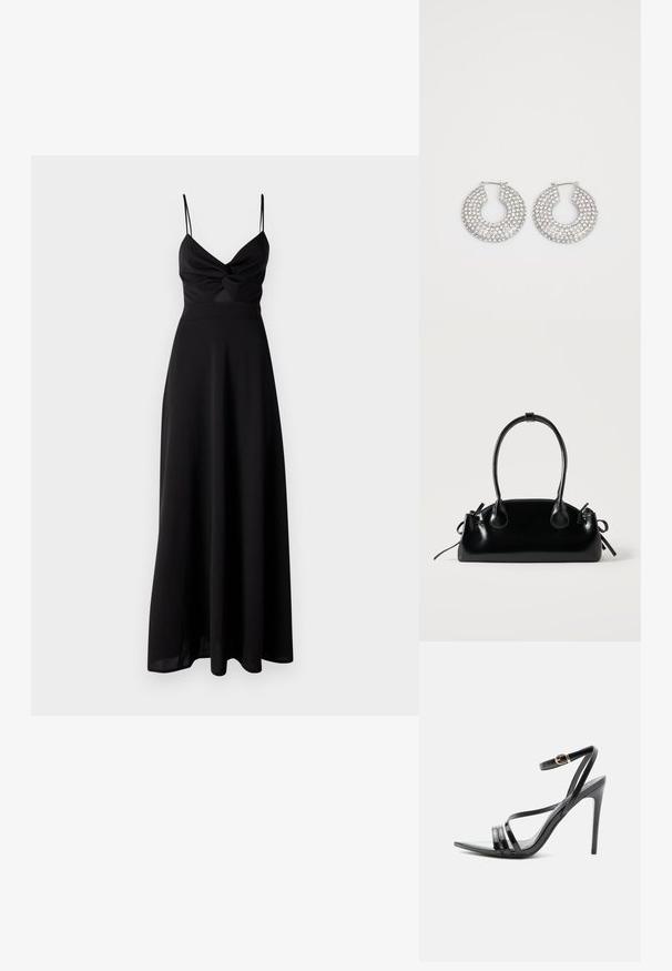 Zwarte maxi-jurk met een aansluitende bodice, draaite detail bij de borst, dunne spaghettibandjes en een vloeiende rok. Gemaakt van zachte, lichtgewicht stof.; Zwarte sandaal met hoge hak en dunne bandjes over de tenen en om de enkel, met een gouden gesp op een slanke naaldhak.; Kleine zwarte glanzende handtas met twee lange hengsels en zijkant trekkoord details op een effen lichte achtergrond.; Zilveren hoepeloorbellen versierd met meerdere heldere kristalaccenten, met een gestructureerd oppervlak en een open cirkelvormig ontwerp.