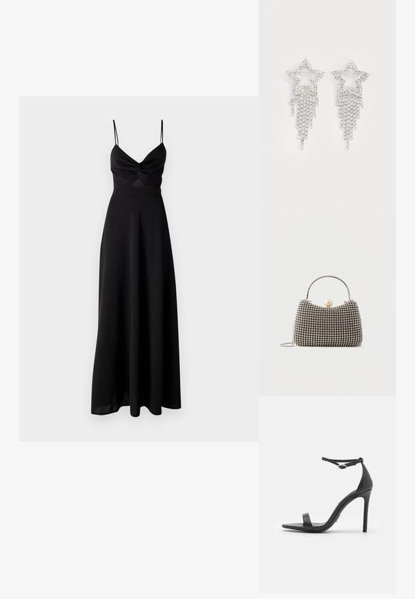 Schwarzes Maxikleid mit tailliertem Oberteil, Dreh-Detail an der Brust, dünnen Spaghetti-Trägern und einem fließenden Rock. Hergestellt aus weichem, leichtem Stoff.; Schwarze High Heels Sandalen mit offener Zehe, dünnen Riemen und Knöchelverschluss. Glatte Ledertextur mit spitzem Zehendesign.; Kleine Handtasche mit silbernem Gittermuster, gebogenem Griff, großem Perlenverschluss und einem dünnen silbernen Kettenriemen auf schlichtem Hintergrund.; Glitzernde Sternohrringe mit herabhängendem Fransen-Detail, in silberner Farbe und mit einer glänzenden, reflektierenden Oberfläche. Sternform mit filigranem Design.