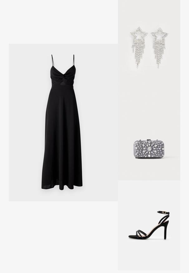 Sort maxi kjole med en tætsiddende overdel, tvistet detalje ved brystet, tynde spaghetti stropper og en svajende nederdel. Lavet af blødt, let stof.; Anna Field by Zalando Sandaler - black; Lille rektangulær mørkegrå clutch pyntet med klare rhinsten i et strålende mønster og en sølvkæde som strop.; Rhinestone stjerne øreringe med dryppende frynsedetaljer, præget af sølvfarve og en blank, reflekterende overflade. Stjernedesign med detaljeret udformning.