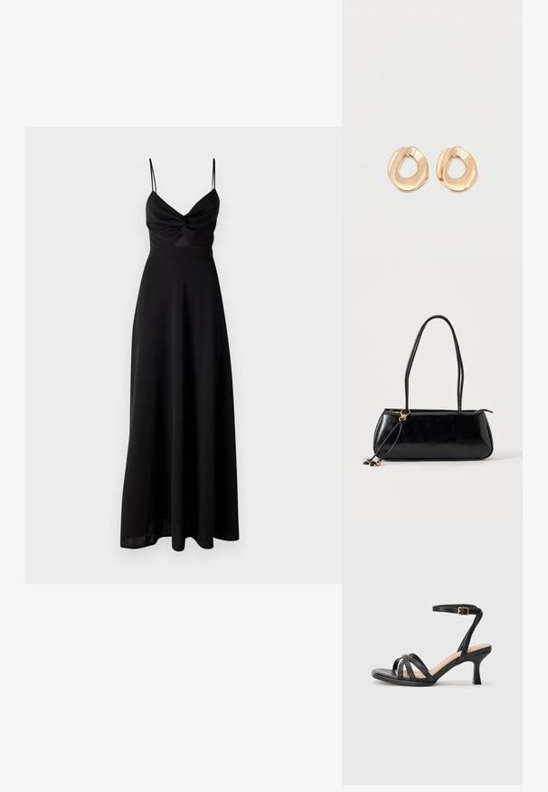 Zwarte maxi-jurk met een aansluitende bodice, draaite detail bij de borst, dunne spaghettibandjes en een vloeiende rok. Gemaakt van zachte, lichtgewicht stof.; Zwarte sandalen met hakken, voorzien van meerdere dunne banden over de tenen, een enkele enkelband met een gouden gesp en een vierkante neus.; Zwarte rechthoekige handtas met twee lange bandjes, gouden ringdetail en ritssluiting op een effen lichte achtergrond.; Set van onregelmatig gevormde, gepolijste hoepel oorbellen van goudkleurig metaal met een open midden op een effen witte achtergrond.