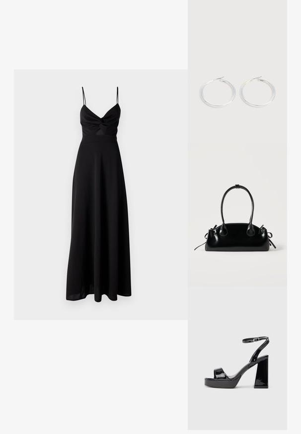 Schwarzes Maxikleid mit tailliertem Oberteil, Dreh-Detail an der Brust, dünnen Spaghetti-Trägern und einem fließenden Rock. Hergestellt aus weichem, leichtem Stoff.; Schwarze Lackleder-Plateausandale mit klobigem hohen Absatz und Riemen mit Schnalle am Knöchel auf weißem Hintergrund.; Kleine schwarze glänzende Handtasche mit zwei langen Griffen und seitlichen Kordelzug-Details vor einfachem hellem Hintergrund.; Paar glänzende silberne Creolen mit dünnen Drahtverschlüssen, dargestellt vor einem hellgrauen Hintergrund.