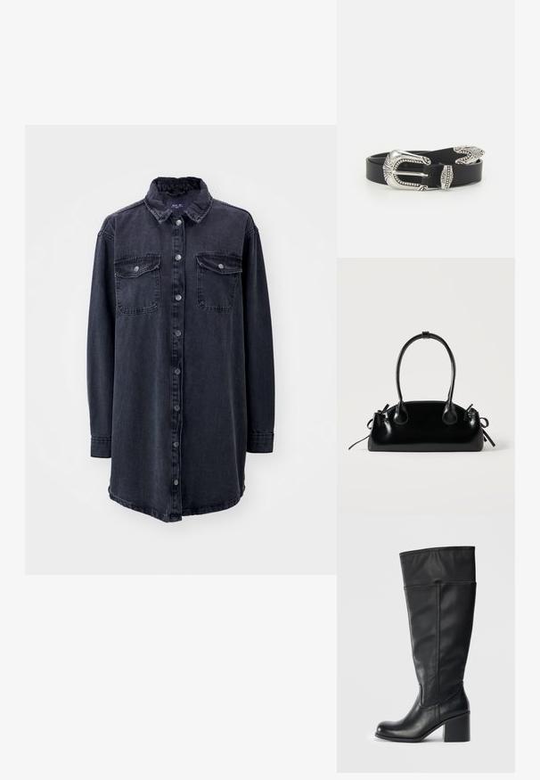 Donker spijkerhemd met een kraag, lange mouwen, knopen aan de voorkant en twee borstzakken. Heeft een licht losvallende pasvorm en een gebogen zoom.; Knielange zwarte leren laarzen met een blokhak, een gladde textuur en stikseldetails langs de zijkanten. Eenvoudig en modern ontwerp.; Kleine zwarte glanzende handtas met twee lange hengsels en zijkant trekkoord details op een effen lichte achtergrond.; Zwarte leren riem met een grote zilveren metalen gesp met ingewikkelde details en decoratieve accenten aan beide uiteinden.