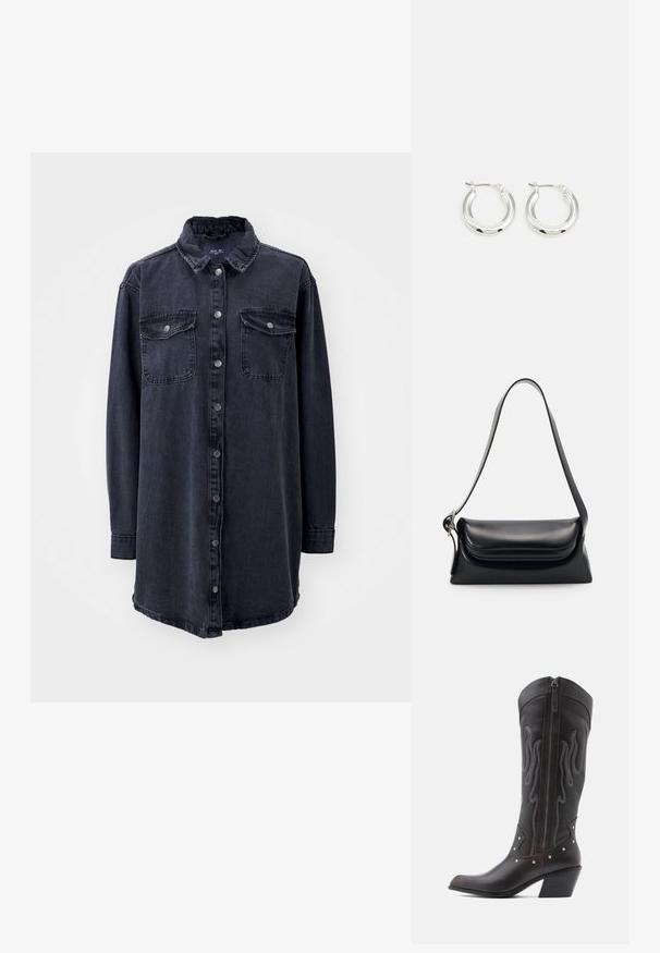 Dunkelblaustes Denim-Hemd mit Kragen, langen Ärmeln, vorderem Knopfverschluss und zwei Brusttaschen. Hat eine leicht lockere Passform und einen abgerundeten Saum.; Braune Cowboy-Stiefel aus Leder mit Flammenstickerei, seitlichem Reißverschluss, silbernen Nieten, spitzer Zehenpartie und geschichtetem Absatz.; Schwarze Lederhandtasche mit strukturiertem Design, glatter Textur und einem einzelnen Schulterriemen. Verfügt über ein dezentes, abgerundetes Klappendesign.; Silberne Creolen mit glänzender Oberfläche, die eine kreisrunde Form haben und mit einem schwenkbaren Verschluss ausgestattet sind. Glatte Textur mit minimalen Details.