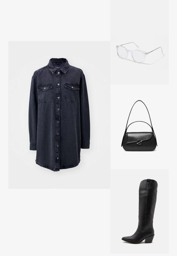 Mørk denim skjorte med krave, lange ærmer, frontknapper og to brystlommer. Har en let løs pasform og buet nederkant.; Høj sort lædercowboystøvle med spids tå, lav blokhæl og minimal syning, vist fra siden på hvid baggrund.; Klare runde stelbriller med gennemsigtige plastlinser og sølvfarvede metalarme. Minimalistisk design med subtile detaljer ved hængslet.; Sort skuldertaske i læder med en buet klap, der er fastgjort med en rund metal spænde, og en slank, justerbar rem.