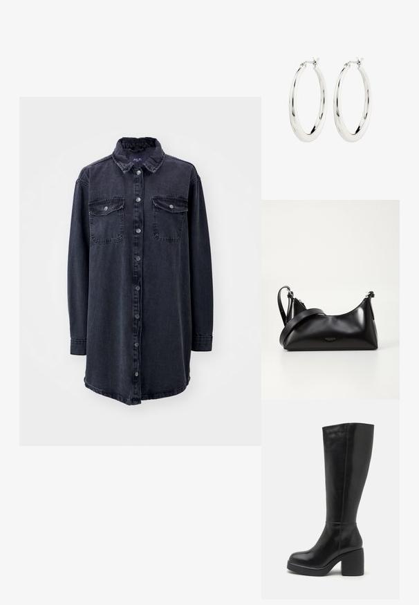 Mørk denim skjorte med krave, lange ærmer, frontknapper og to brystlommer. Har en let løs pasform og buet nederkant.; Zign by Zalando LEATHER - Højhælede støvler - black; Sort læderhåndtaske med en glat tekstur. Har en justerbar stropp og et enkelt, minimalistisk design med lynlås.; Sølvøreringe i form af hoops med en glat, blank finish. Cirkulær form, der har en sikker lås. Simpelt og elegant design.