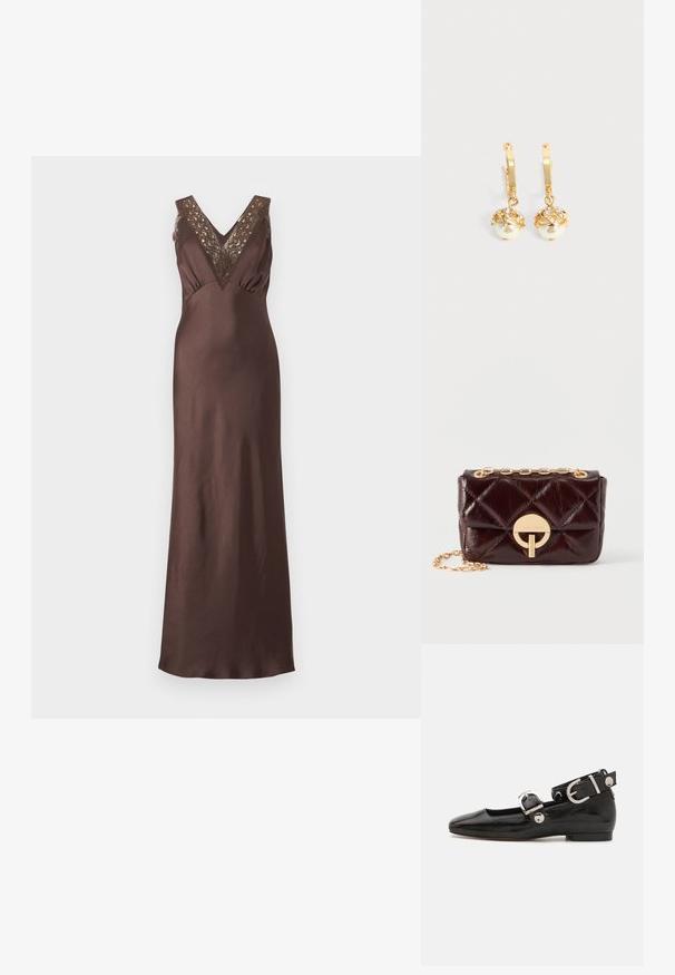 Brown satin sleeveless maxi dress with V-neckline and lace detailing at the shoulders and bust.; Black patent leather flat shoe with a squared toe, ankle strap featuring silver hardware, and flat sole. Smooth texture with minimalist design.; Dark brown quilted leather crossbody bag with gold circular clasp and matching chain strap, set against a plain white background.; Gold hoop earrings with dangling white pearls encased in gold and small clear crystals on a plain light background.
