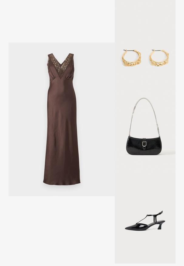 Brown satin sleeveless maxi dress with V-neckline and lace detailing at the shoulders and bust.; Black patent leather pointed-toe slingback shoe with T-strap and low angled block heel on white background.; Black patent leather shoulder bag with silver buckle detail and a silver chain strap, displayed against a plain light background.; Pair of gold-tone hoop earrings with ornate floral and leaf embossing on a neutral background.