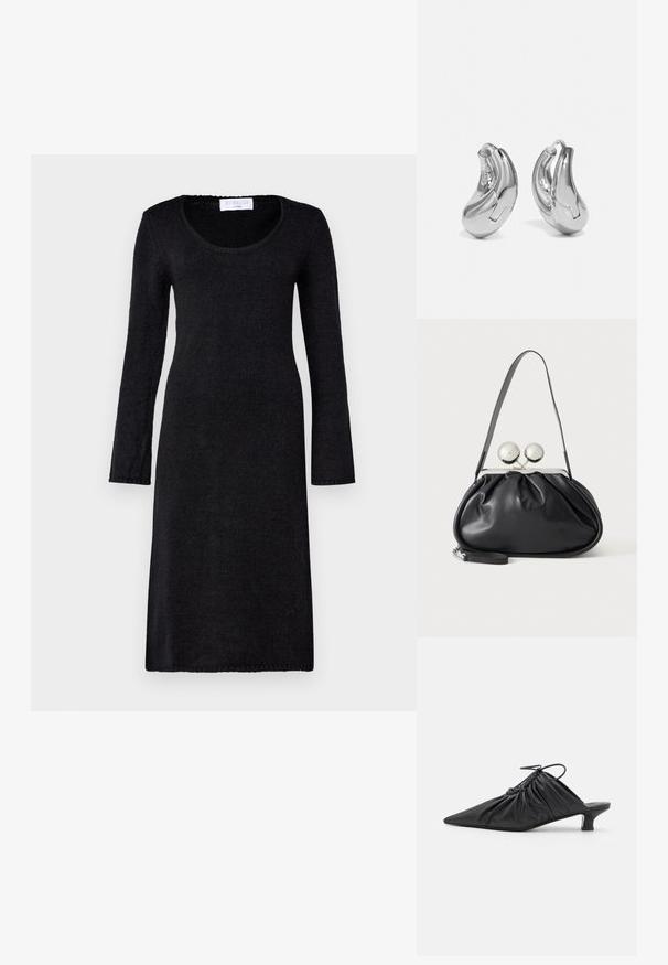 Schwarzes Langarmkleid mit rundem Ausschnitt, aus strukturiertem Strickstoff gefertigt, mit geradem Schnitt und gerippten Kanten.; Schwarze Leder-Mules zum Hineinschlüpfen mit spitzer Zehe, geraffter Textur und kleinem Kitten-Heel. Verfügt über ein Zugbanddetail am Öffnung.; Schwarze Ledertasche mit gerafftem Design, einem einzelnen Riemen, silbernem Metallrahmen und zwei großen runden silbernen Verschlüssen.; Silberne Creolen mit einer gebogenen, glänzenden Oberfläche und einem nahtlosen Design. Verfügt über einen Scharnierverschluss für sicheren Halt.