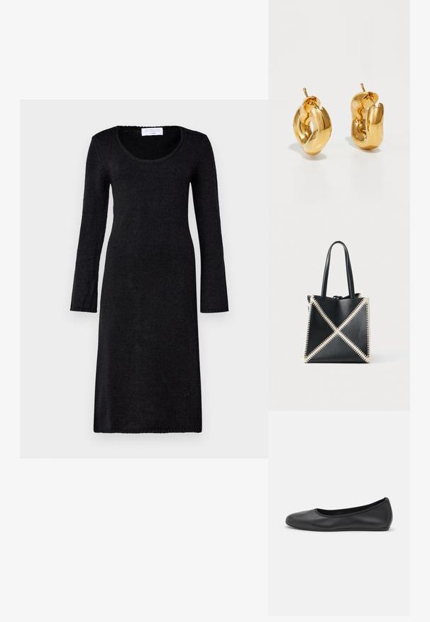 Vestido negro de manga larga con escote redondeado, hecho de una tela de punto texturizada, con un corte recto y bordes acanalados.; Bailarina de piel negra con punta redondeada, textura suave, detalle de costura minimalista y diseño de suela flexible.; Bolso tote de cuero negro con costuras crema formando un patrón de X. Presenta dos asas negras y una forma desestructurada.; Pendientes de aro grueso en oro con un diseño tubular ligeramente retorcido y cierre de presión, sobre un fondo blanco.