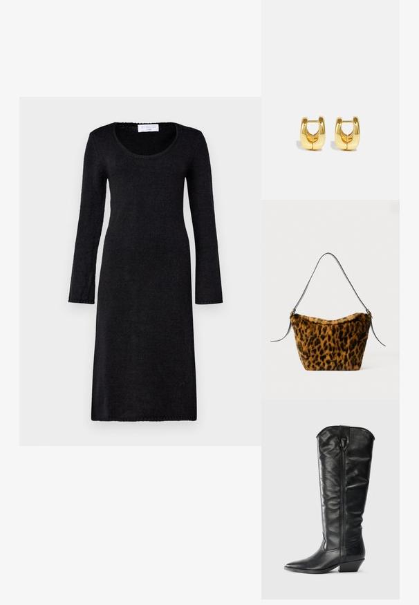 Schwarzes Langarmkleid mit rundem Ausschnitt, aus strukturiertem Strickstoff gefertigt, mit geradem Schnitt und gerippten Kanten.; Knöchelhohe schwarze Lederstiefel mit einer spitzen Zehenform und einem Blockabsatz. Sie besitzen eine glatte Oberfläche und eine dezente Nahtdetails an der Vorderseite.; Faux-Fur-Leopardenmuster Tasche mit weicher Textur, leicht konisch geformt und schwarzem Ledergriff mit goldenen Hardware-Akzenten.; Goldene Creolen mit einem schlanken, abgerundeten Design. Sie verfügen über eine hohle Mitte und eine glänzende Oberfläche, die moderne Stile ergänzen.