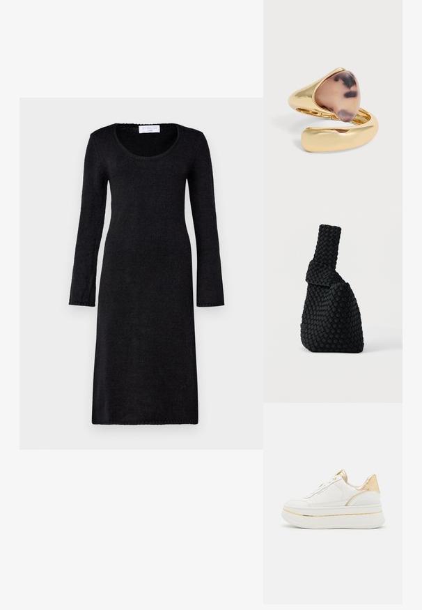 Robe noire à manches longues avec un décolleté arrondi, fabriquée en tissu tricoté texturé, présentant une coupe droite et des bords côtelés.; Sneaker plateforme en cuir blanc avec accents dorés, présentant un talon doré texturé, des lacets ronds et une semelle lisse avec une fine bande dorée.; Sac à main noir tissé avec un design asymétrique, présentant une surface texturée et une poignée haute et étroite. Aucune ferrure ou accent visible.; Bague ouverte en or avec une pierre marbrée lisse, de forme irrégulière, marron et noire, placée à une extrémité.