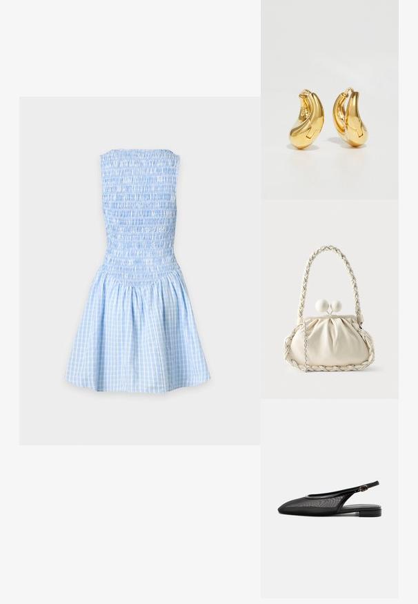 Lyseblå og hvide ternet strapless kjole med rynket bodice og udvidet nederdel på en ensfarvet baggrund.; Sort slingback flad sko med spids tå, mesh overdel, justerbar spænde rem og lav stablet hæl på hvid baggrund.; Kremfarvet læderhåndtaske med fletet håndtag, samlet krop og karakteristisk kugleformet lukning. Har en aftagelig kæderem.; Guldringeøreringe med en glat, buet form og poleret overflade. Udstyret med en lukkeanordning og lette fordybninger for detaljer.