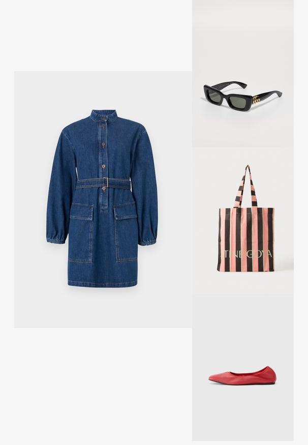 Denim jurk met een kraag, sluiting met knopen aan de voorkant, een aangesnoerd taille met een riem, lange pofmouwen en twee voorkruiszakken. Donkerblauwe kleur.; Filippa K REY FLATS - Ballerina's - bright red; Zwarte rechthoekige zonnebril met donkergroene glazen, met een glanzend gouden logo aan de zijkant. Gladde plastic montuur met een gedurfde uitstraling.; Verticaal gestreepte totebag met afwisselend roze en zwarte strepen en lange handvatten, met lichtgroene merktekst dicht bij de onderkant.