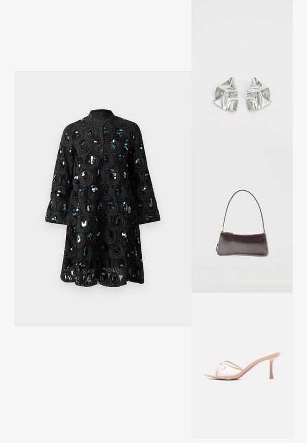 Sort langærmet kjole med høj krave, knaplukning og cirkulære pailletmønstre, der skaber et tekstureret, skinnende design.; Beige højhælede mule med gennemsigtige remme og en fin sløjfe på toppen, vist fra siden mod en hvid baggrund.; Lille rektangulær mørkebrun lædertaske med en enkelt rem og guldlåselukning.; Sølvmetal øreringe med et bølgende, skulpturelt design, der har en poleret overflade og uregelmæssige former, hvilket fremhæver en moderne æstetik.