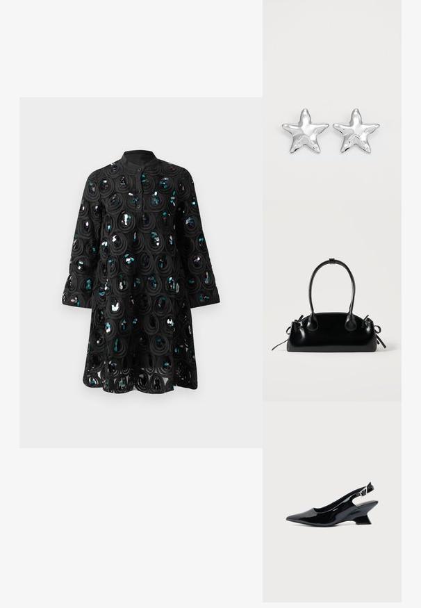 Sort langærmet kjole med høj krave, knaplukning og cirkulære pailletmønstre, der skaber et tekstureret, skinnende design.; Sort laklæder slingback sko med spids tå og lav vinklet blokhæl på ensartet lys baggrund.; Lille sort blank håndtaske med to lange håndtag og snøre-detaljer i siden på en ensfarvet lys baggrund.; Sølvstjernede øreringe med en poleret, blank overflade. Hver ørering har fem spidser og subtile teksturdetaljer på overfladen.