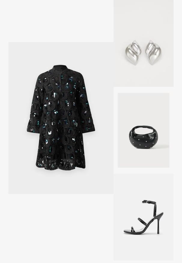 Vestido negro de manga larga con cuello alto, tapeta abotonada y patrones circulares de lentejuelas que crean un diseño texturizado y brillante.; Sandalias de tacón alto de charol negro con tres tiras horizontales y una correa en el tobillo ajustable. Silueta elegante y acabado brillante.; Bolso de mano de cuero negro con forma redondeada, decorado con detalles de tachuelas plateadas y un asa corta. Textura lisa y cierre con cremallera.; Pendientes de plata con una forma orgánica y abstracta. Superficie lisa y brillante con un diseño cónico. Presentan suaves curvas y un detalle de línea central.