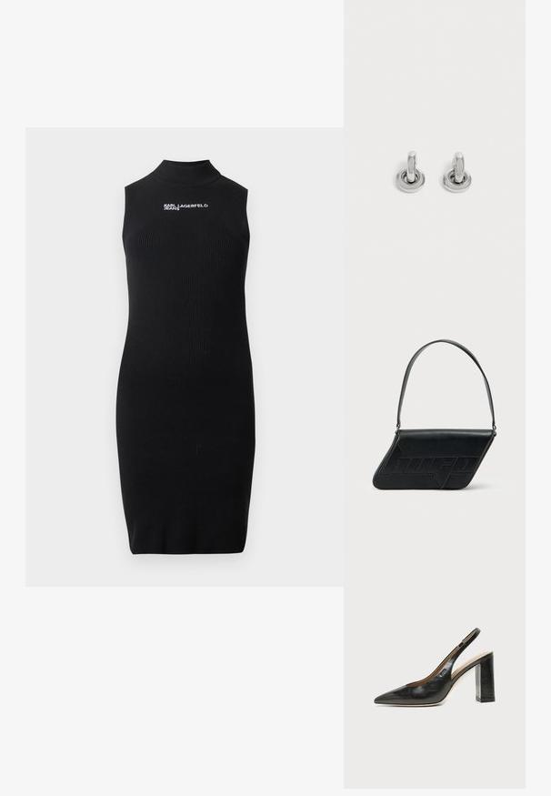 Sort ærmeløs ribstrikket kjole med høj hals og hvidt "Karl Lagerfeld Jeans" logo på brystet.; Sort læder peep-toe slingback sko med høj blokhæl og beige indvendig foring mod en ensfarvet lys baggrund.; Sort skuldertaske i læder med trekantet form, præget logo og en enkelt justerbar rem. Minimalistisk design med glat tekstur.; Par små, skinnende sølv hoops med rund base, vist på en ensfarvet lys baggrund.