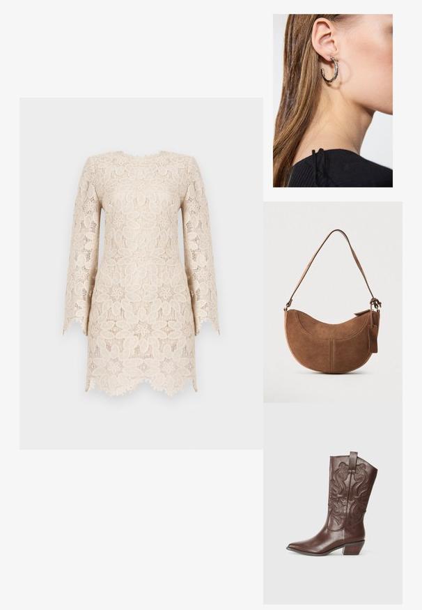 Lacekjole i en lys beige nuance med lange ærmer, blomsterprint og en bølget kanten med en tekstureret finish.; Brune læder cowboystøvle med spids tå, dekorativ syning på skaftet og en lav stablet hæl. Glat tekstur med en poleret overflade.; Brun ruskinds håndtaske med en buet, halvmåneformet silhuet. Har en skulderrem, et lille mærke og synlige sømme langs kanterne.; Sølv hoop ørestik med en poleret overflade, prydet med små guld accenter og en rund form, båret på øreflippen.