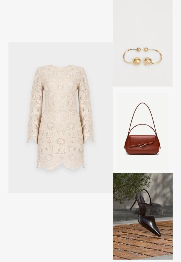 Lacekjole i en lys beige nuance med lange ærmer, blomsterprint og en bølget kanten med en tekstureret finish.; Blank højhælet mule med spids tå og ankelrem, svævende over en terracottaflisebelagt overflade med grusfyldte mellemrum.; Brun skuldertaske i læder med afrundet rektangulær form, asymmetrisk klap, sølvfarvet rund lukning og to tynde stropper.; Guldtonet metaløreringe med et cirkulært design, der har to kugler; en større og tekstureret kugle samt en mindre poleret kugle øverst.