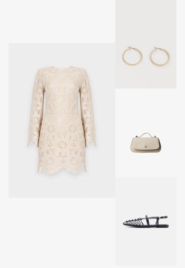 Lacekjole i en lys beige nuance med lange ærmer, blomsterprint og en bølget kanten med en tekstureret finish.; Sort flad sandal med flere tynde remme, ankelrem med spænde og åben tå-burdesign på hvid baggrund.; Lille beige læderhåndtaske med top håndtag og sølv CK-logo på frontklap, vist mod en hvid baggrund.; Par af glatte guldfarvede mellemstore øreringe med hængsellukning på en ensartet lys baggrund.