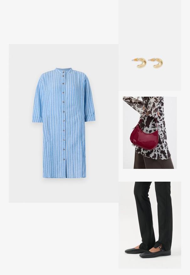 Robe chemise en coton bleu clair avec des rayures verticales blanches, col arrondi, manches trois quarts et fermeture à boutons sur le devant ; comprend des poches latérales.; Jambes vêtues d’un pantalon slim noir avec des fentes à l’avant de l’ourlet, assorties à des chaussures plates Mary Jane noires avec une petite bride à boucle.; Femme portant un chemisier à motif noir et blanc tenant un sac à main rouge brillant sur un fond uni.; Boucles d'oreilles en forme de croissant en or avec une finition lisse, présentant des accents orange près du clou et un matériel en argent.