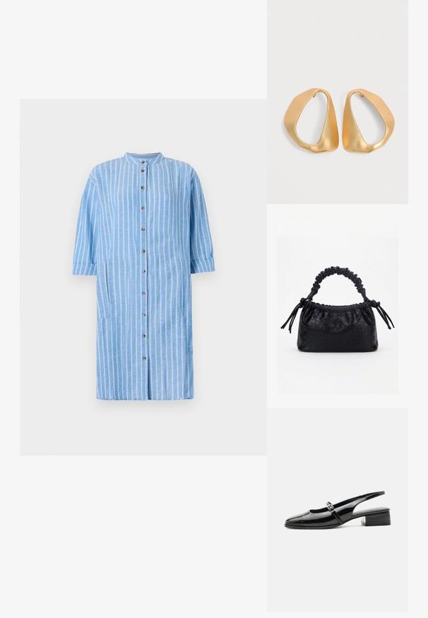 Hellblaues Baumwollhemdkleid mit weißen vertikalen Streifen, rundem Kragen, Dreiviertelärmeln und vorderer Knopfleiste; verfügt über seitliche Taschen.; Schwarzer Slingback-Schuh aus Lackleder mit niedrigem Blockabsatz und dünnem Riemen mit silberner Schnalle oben.; Schwarze Handtasche mit Krokodilstruktur, gerafftem oberen Rand, zusammengezogenem Griff und Zugkordeln mit Quasten an jeder Seite vor weißem Hintergrund.; Paar unregelmäßiger, asymmetrischer goldener Creolen mit glatter, matter Oberfläche vor neutralem Hintergrund.