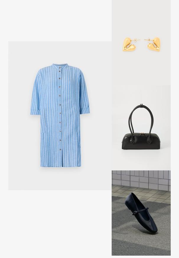 Hellblaues Baumwollhemdkleid mit weißen vertikalen Streifen, rundem Kragen, Dreiviertelärmeln und vorderer Knopfleiste; verfügt über seitliche Taschen.; Schwarzer Leder-Mary-Jane-Ballerina mit kleinem Schnallenriemen, auf grauem Asphaltboden nahe einer gefliesten Wand platziert.; Schwarze Lederhandtasche mit zwei verlängerten Griffen, Reißverschluss und runder Form; glatte Textur mit subtiler glänzender Oberfläche.; Ohrstecker in Herzform mit Gold-Ton, glattem, geschwungenem Design und Schmetterlingsverschlüssen auf weißem Hintergrund.