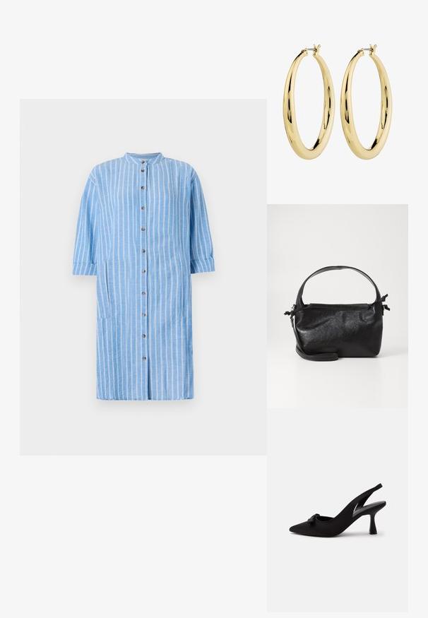 Lichtblauwe katoenen jurk met witte verticale strepen, ronde kraag, driekwart mouwen en een sluiting met knopen aan de voorkant; heeft zijzakken.; Zwarte slingback pumps met een spits toelopende neus, kleine strik aan de voorkant en een smalle hak, afgebeeld tegen een witte achtergrond.; Zwarte leren handtas met een gestructureerd ontwerp, een ronde bovenhandgreep en een afneembare schouderriem. Beschikt over een gladde textuur en een subtiele glans.; Gouden creolen met een gladde, gepolijst afwerking. Cirkelvormig, met een veilige sluiting aan de bovenkant. Het oppervlak weerkaatst licht.