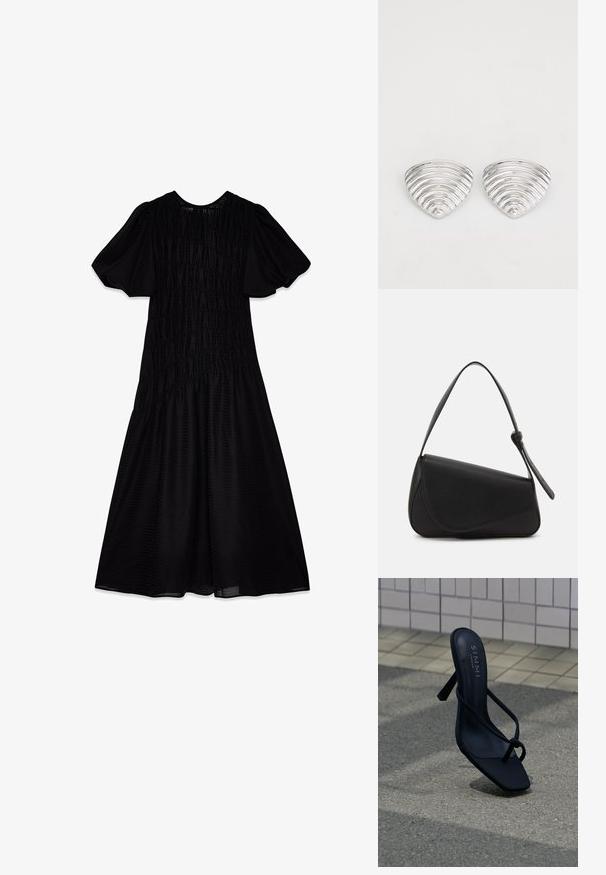 Vestido midi negro con una tela texturizada, mangas abullonadas y un cuerpo fruncido que se despliega en una falda amplia. Escote suave.; Sandalia negra de tacón alto con tiras finas y puntera cuadrada, con la marca "SIMMI London", colocada sobre pavimento exterior cerca de una pared de azulejos.; Bolso de mano de cuero negro con forma triangular, tapa en ángulo y un asa superior redondeada. Presenta una textura suave y detalles de diseño minimalistas.; Pendientes en tono plateado con un diseño ondulado y texturizado, con forma de media lunas superpuestas; el acabado pulido realza las cualidades reflectantes.