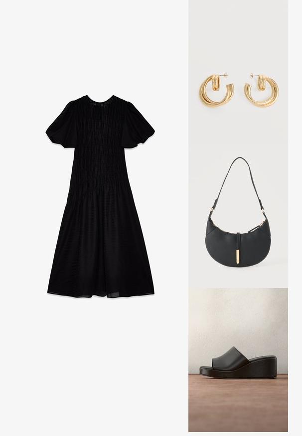 Vestido midi negro con una tela texturizada, mangas abullonadas y un cuerpo fruncido que se despliega en una falda amplia. Escote suave.; Sandalia de plataforma tipo slide de cuero negro con punta abierta y marca Anna Field en la plantilla, mostrada sobre un fondo oscuro y desenfocado.; Bolso negro en forma de media luna con una sola correa, cremallera dorada y una lengüeta decorativa rectangular dorada en la parte delantera.; Par de pendientes de aro doble brillante de oro con cierres de presión sobre un fondo blanco.