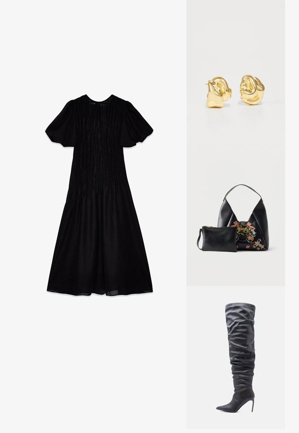 Vestido midi negro con una tela texturizada, mangas abullonadas y un cuerpo fruncido que se despliega en una falda amplia. Escote suave.; Bota negra hasta la rodilla, hecha de material liso con un diseño holgado, punta puntiaguda y tacón alto de aguja. Se aprecia una superficie texturizada.; Bolso de cuero negro con bordado floral y cierre dorado con forma de serpiente, acompañado de un neceser negro más pequeño con cremallera a juego.; Pendientes de metal en tono dorado con un diseño escultórico y retorcido. Superficie lisa y brillante con forma redondeada y sin adornos visibles.