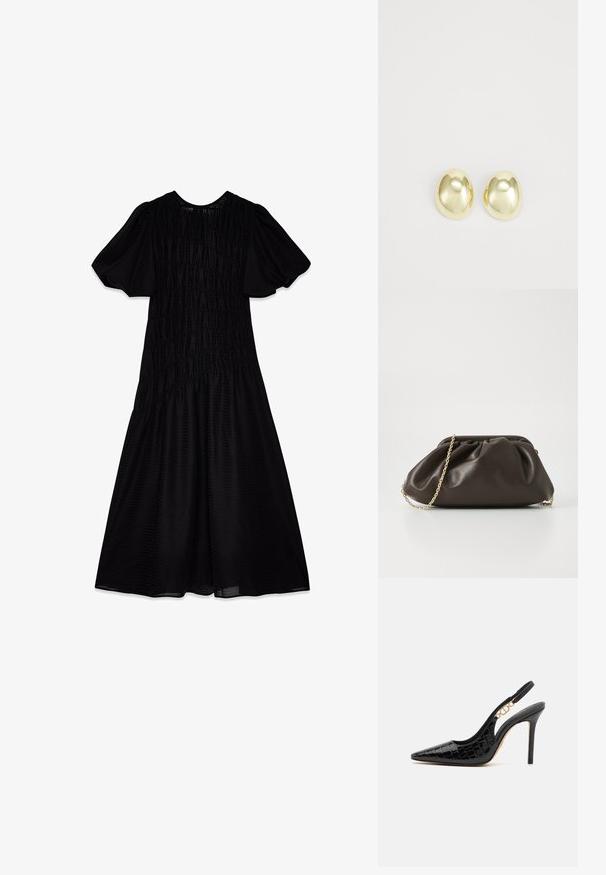 Vestido midi negro con una tela texturizada, mangas abullonadas y un cuerpo fruncido que se despliega en una falda amplia. Escote suave.; Zapatos de tacón tipo slingback de charol negro con punta afilada, textura de cocodrilo y un detalle de cadena dorada en el tacón. Diseño de estilete.; Bolso de mano de cuero marrón con un diseño fruncido, correa de cadena dorada y un acabado suave y texturizado. Forma compacta adecuada para uso nocturno.; Pendientes de metal en tono dorado, con forma suave y redondeada y acabado pulido. Diseño sencillo sin adornos adicionales.