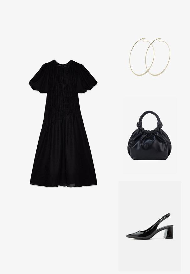 Robe noire midi en tissu texturé, avec des manches à volants et un corsage froncé qui s'évase en une jupe ample. Encolure lisse.; Chaussure slingback en cuir verni noir avec bout pointu et talon bloc épais de hauteur moyenne sur fond blanc.; Sac à main en cuir noir souple avec le dessus froncé et deux grosses poignées nouées sur un fond uni clair.; Pilgrim Boucles d'oreilles - gold-coloured