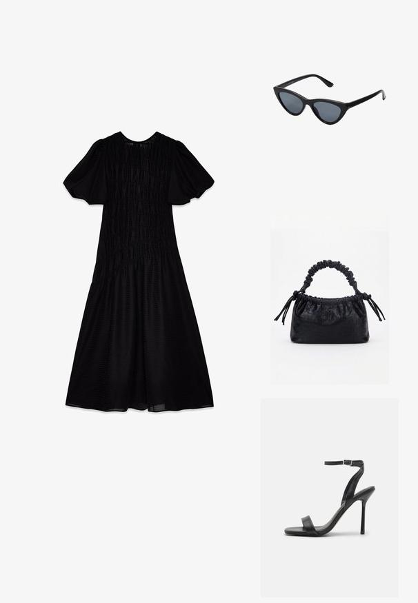Vestido midi negro con una tela texturizada, mangas abullonadas y un cuerpo fruncido que se despliega en una falda amplia. Escote suave.; Sandalia negra de tacón alto con una correa delgada en el tobillo y dos bandas en la parte frontal. Hecha de cuero suave con una punta afilada y tacón de aguja.; Gafas de sol negras en forma de ojo de gato con lentes gris oscuro, marco de plástico elegante, esquinas puntiagudas y patillas rectas. Sin herrajes ni acentos visibles.; Bolso negro con textura de cocodrilo, borde superior fruncido, asa recogida y cordones con borlas en cada lado sobre un fondo blanco.