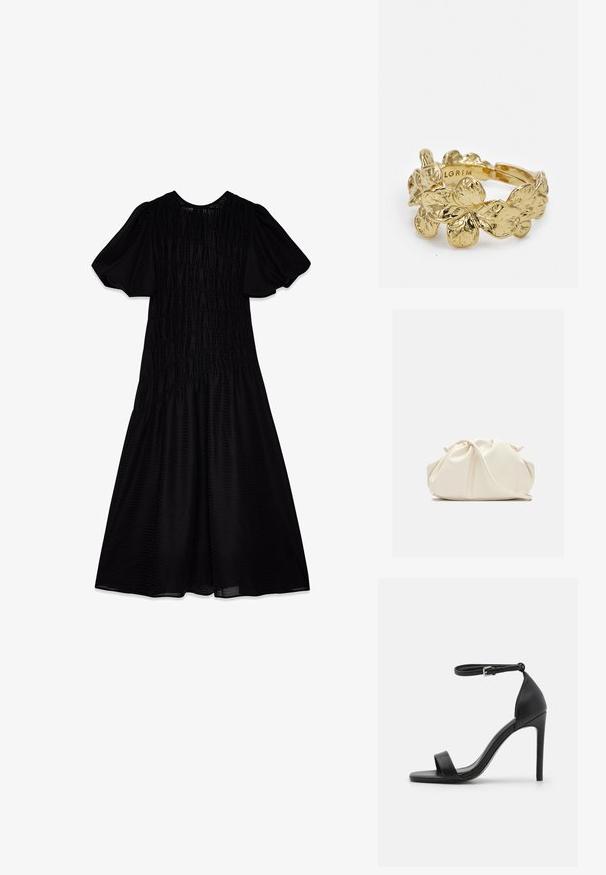 Vestido midi negro con una tela texturizada, mangas abullonadas y un cuerpo fruncido que se despliega en una falda amplia. Escote suave.; Sandalia de tacón alto negra con un diseño elegante, que cuenta con una correa en el tobillo, punta abierta y una textura de cuero suave.; Bolso de mano de cuero suave de color crema con diseño fruncido y plisado y una delgada correa para el hombro que descansa delante sobre un fondo liso.; Anillo dorado con un diseño floral y hojas texturizadas. La banda es abierta, permitiendo un ajuste en el tamaño.