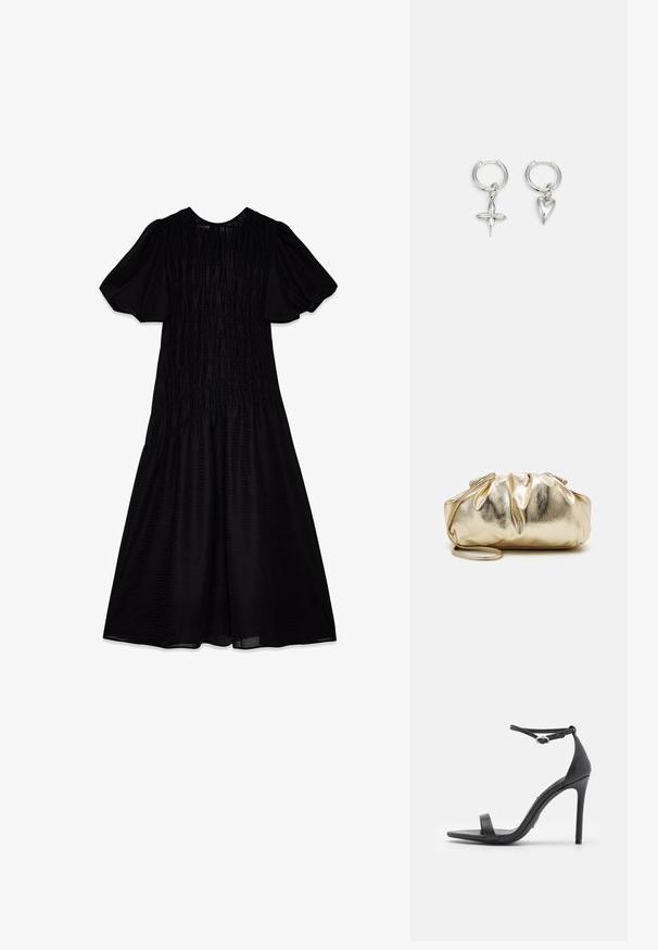 Vestido midi negro con una tela texturizada, mangas abullonadas y un cuerpo fruncido que se despliega en una falda amplia. Escote suave.; Sandalias de tacón alto negras con punta abierta, tiras delgadas y hebilla en el tobillo. Textura de cuero suave con un diseño de punta afilada.; Bolso de mano metálico dorado con una textura arrugada, forma redondeada suave y una correa de cadena desmontable. Presenta un diseño fruncido en la parte superior.; Pendientes de aro de plata con un charm de cruz y corazón. Textura suave y brillante con un acabado pulido. Cada charm cuelga de un lazo seguro.